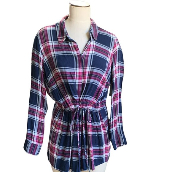 Lane Bryant Plaid Flannel Tie Waist Relaxed Button Front Tunic Top Sz 14/16 #55B - Picture 3 of 7